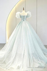 Blue Tulle Long A-Line Prom Dress with Sequins, Lovely Puff Sleeve Evening Gown